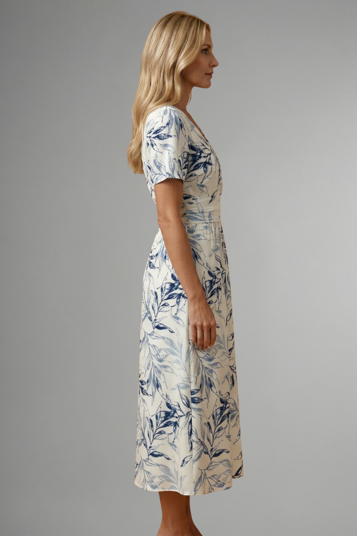Womens Floral Midi Dress - V-Neck A-Line with Short Sleeves