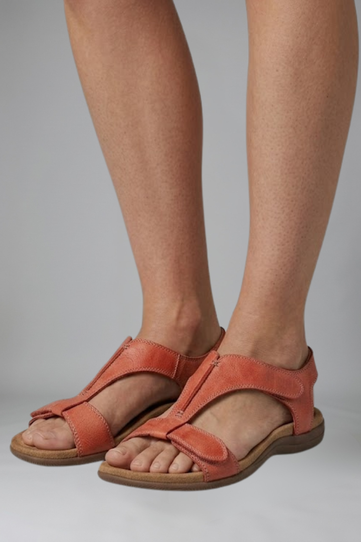 Womens Vegan Leather T-Strap Sandals - Cushioned Footbed