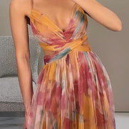 Womens Watercolour Maxi Dress - Deep V-Neck Flowing Style