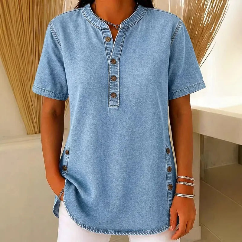 Womens Denim Tunic Top - V-Neck Relaxed Fit