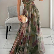 Womens Watercolour Maxi Dress - Deep V-Neck Flowing Style