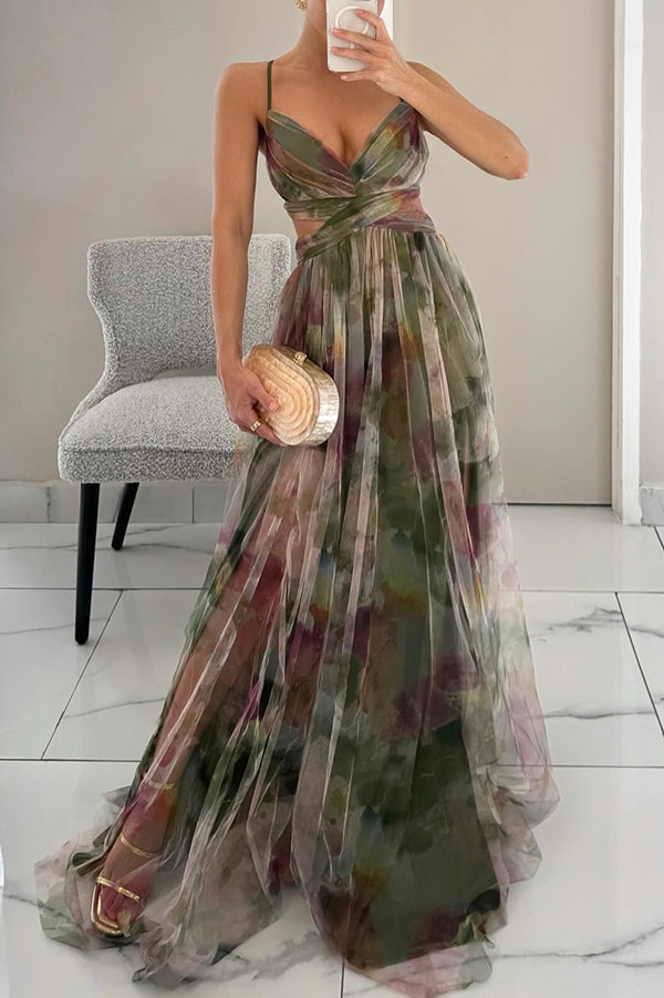 Womens Watercolour Maxi Dress - Deep V-Neck Flowing Style