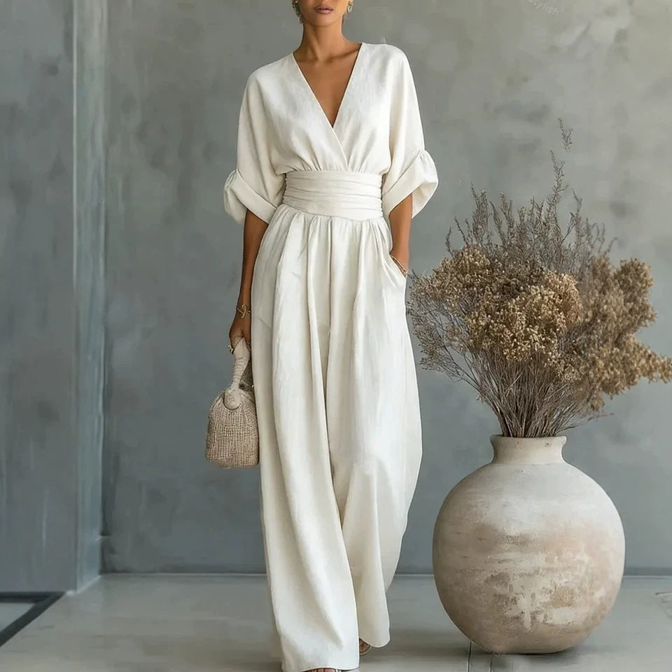 Womens Wide-Leg Wrap Jumpsuit - Cinched Waist Style