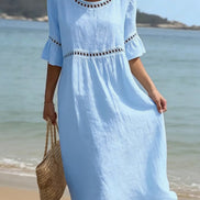 Womens Cotton-Linen Midi Dress - Lace Detail with Pockets