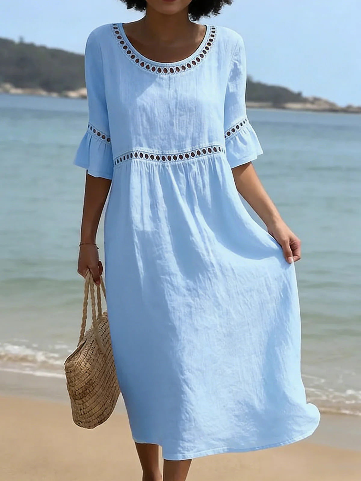 Womens Cotton-Linen Midi Dress - Lace Detail with Pockets