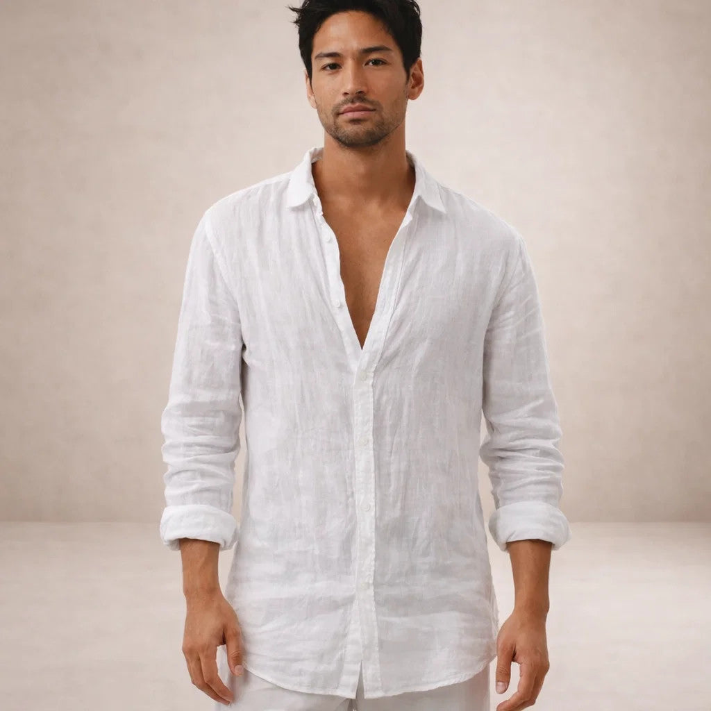 Mens Linen Shirt - Open Collar Long Sleeve Casual