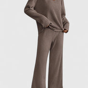 Womens Knit Lounge Set – Ribbed V-Neck Sweater & Wide-Leg Pants