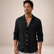 Mens Linen Shirt - Open Collar Long Sleeve Casual
