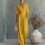 Womens Wide-Leg Wrap Jumpsuit - Cinched Waist Style