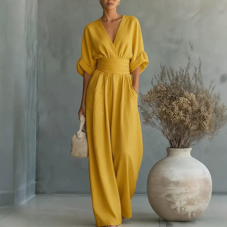 Womens Wide-Leg Wrap Jumpsuit - Cinched Waist Style