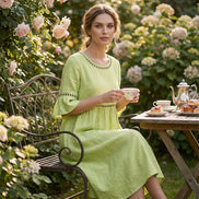 Womens Cotton-Linen Midi Dress - Lace Detail with Pockets
