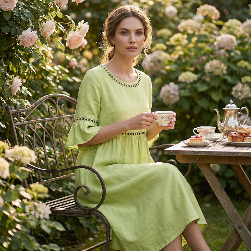 Womens Cotton-Linen Midi Dress - Lace Detail with Pockets
