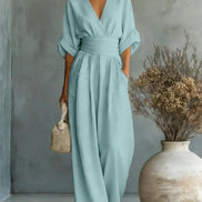 Womens Wide-Leg Wrap Jumpsuit - Cinched Waist Style