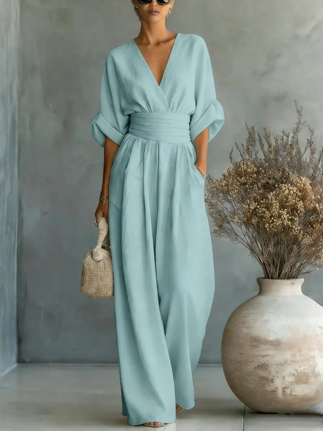 Womens Wide-Leg Wrap Jumpsuit - Cinched Waist Style