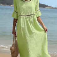 Womens Cotton-Linen Midi Dress - Lace Detail with Pockets