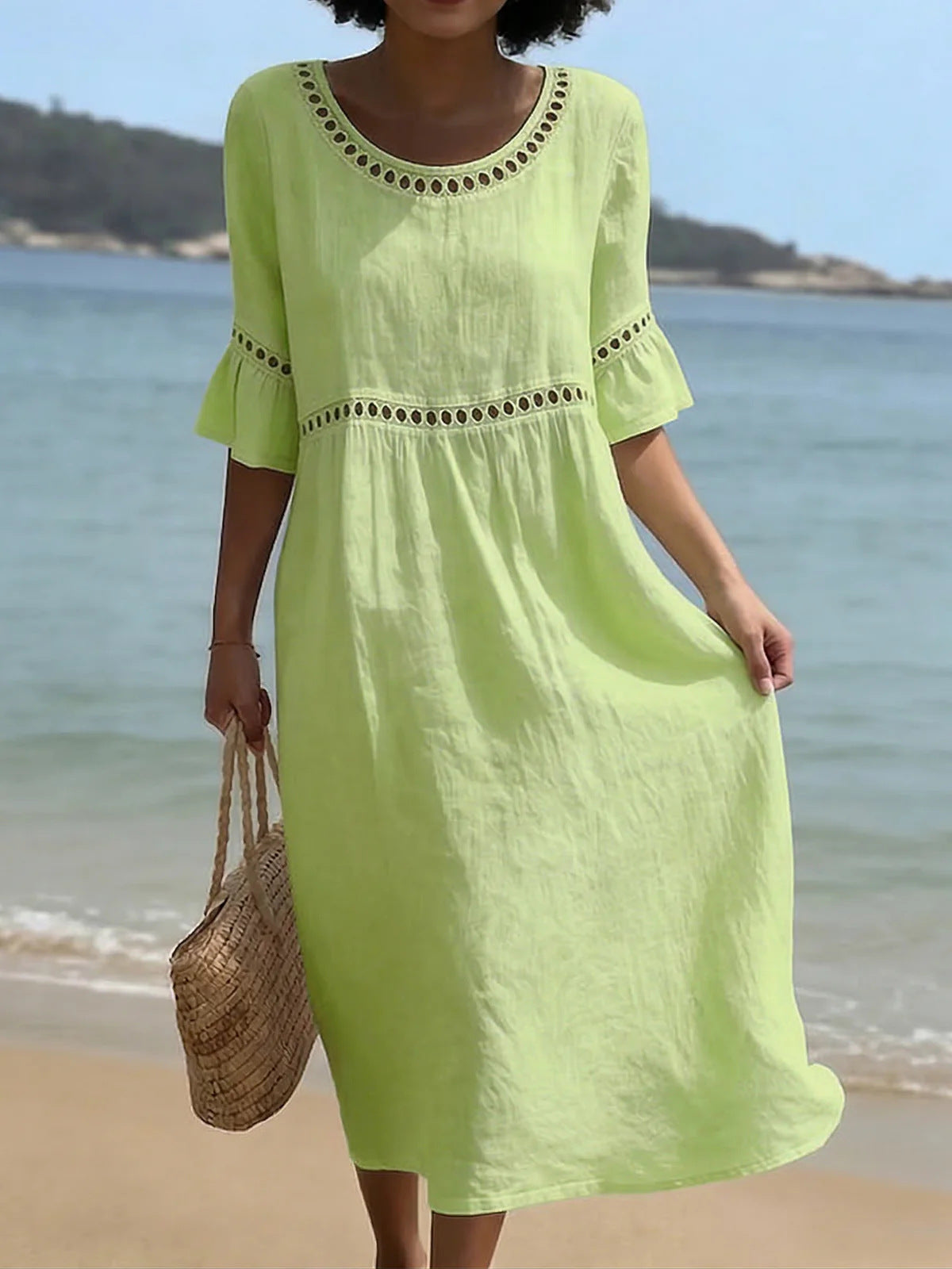 Womens Cotton-Linen Midi Dress - Lace Detail with Pockets