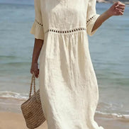 Womens Cotton-Linen Midi Dress - Lace Detail with Pockets