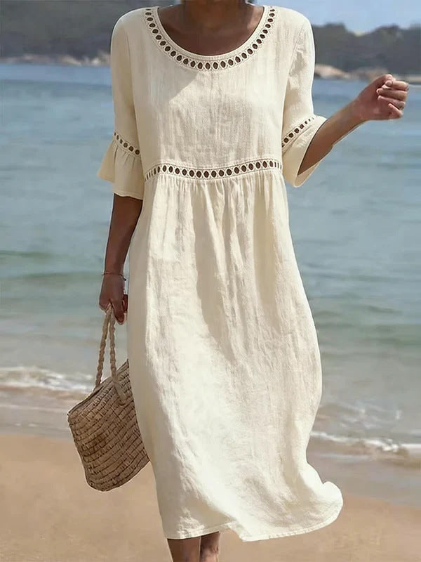 Womens Cotton-Linen Midi Dress - Lace Detail with Pockets