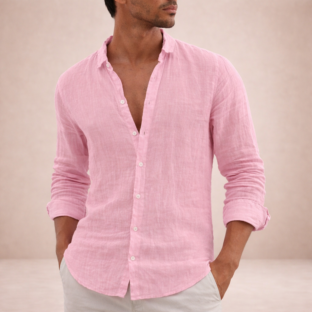 Mens Linen Shirt - Open Collar Long Sleeve Casual