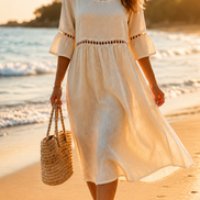 Womens Cotton-Linen Midi Dress - Lace Detail with Pockets