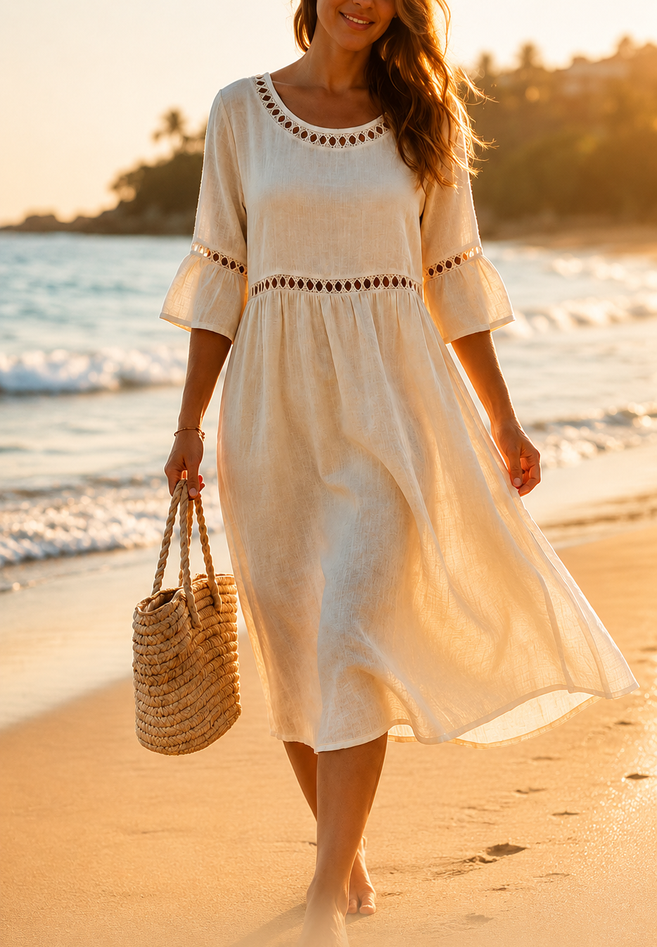 Womens Cotton-Linen Midi Dress - Lace Detail with Pockets
