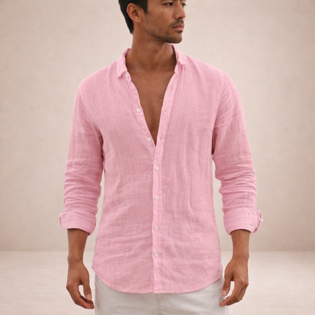 Mens Linen Shirt - Open Collar Long Sleeve Casual