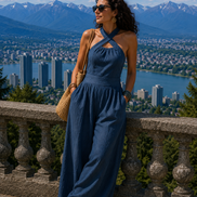 Womens Cotton-Linen Jumpsuit - Wide Leg Cross Bodice