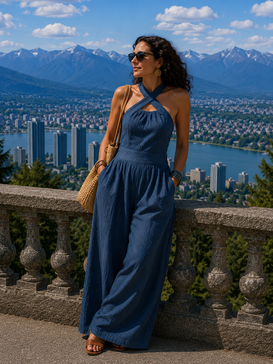 Womens Cotton-Linen Jumpsuit - Wide Leg Cross Bodice