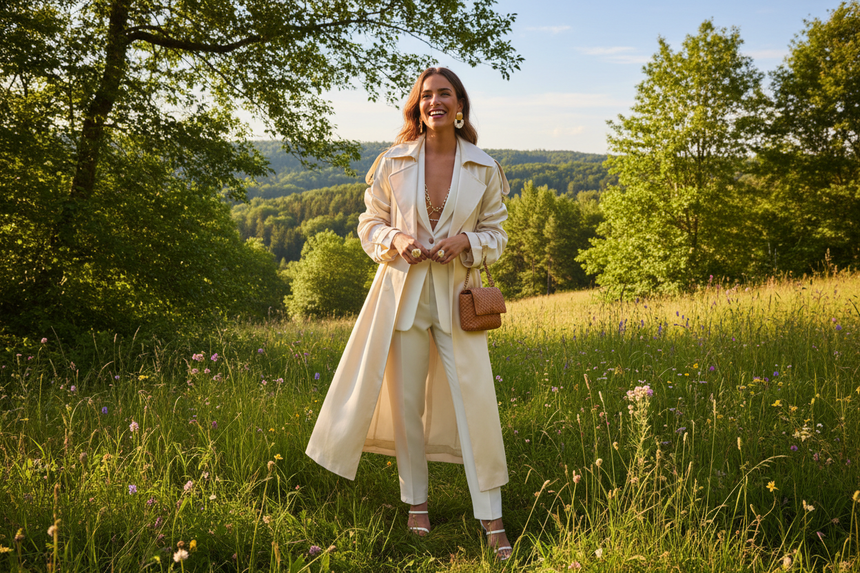 generate an image of a fashionable women looking happy and in nature 