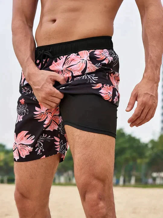 Mens Printed Swim Shorts - Tropical Drawstring Style