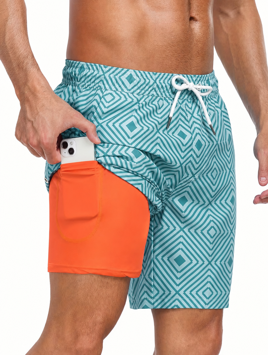 Mens Printed Swim Shorts - Tropical Drawstring Style