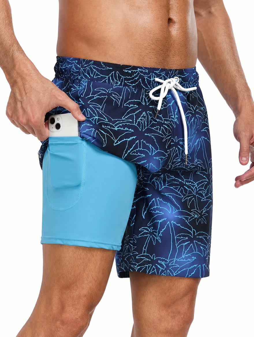 Mens Printed Swim Shorts - Tropical Drawstring Style