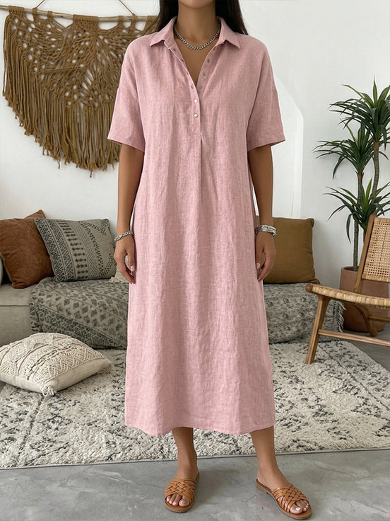 Womens Cotton-Linen Polo Dress - Short Sleeve Collared Style