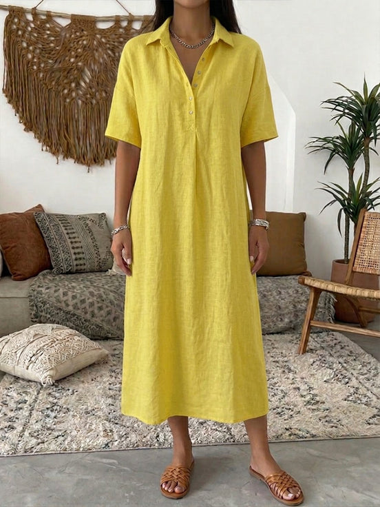 Womens Cotton-Linen Polo Dress - Short Sleeve Collared Style
