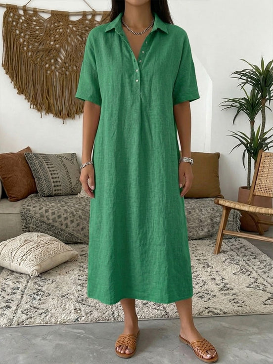 Womens Cotton-Linen Polo Dress - Short Sleeve Collared Style