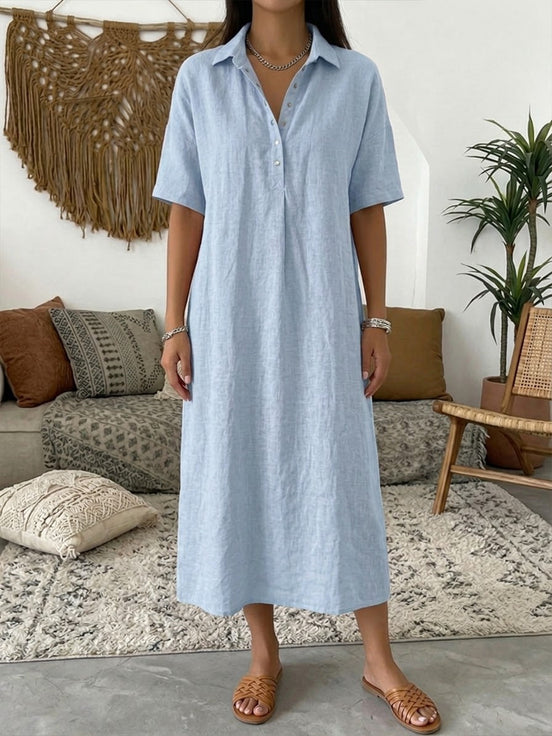Womens Cotton-Linen Polo Dress - Short Sleeve Collared Style