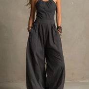 Womens Cotton-Linen Jumpsuit - Wide Leg Cross Bodice