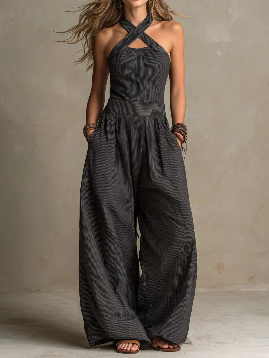 Womens Cotton-Linen Jumpsuit - Wide Leg Cross Bodice