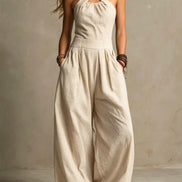 Womens Cotton-Linen Jumpsuit - Wide Leg Cross Bodice