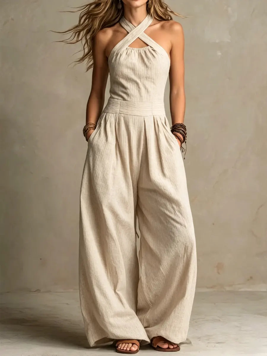 Womens Cotton-Linen Jumpsuit - Wide Leg Cross Bodice
