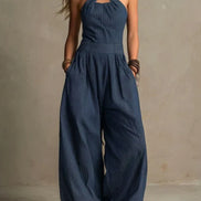 Womens Cotton-Linen Jumpsuit - Wide Leg Cross Bodice