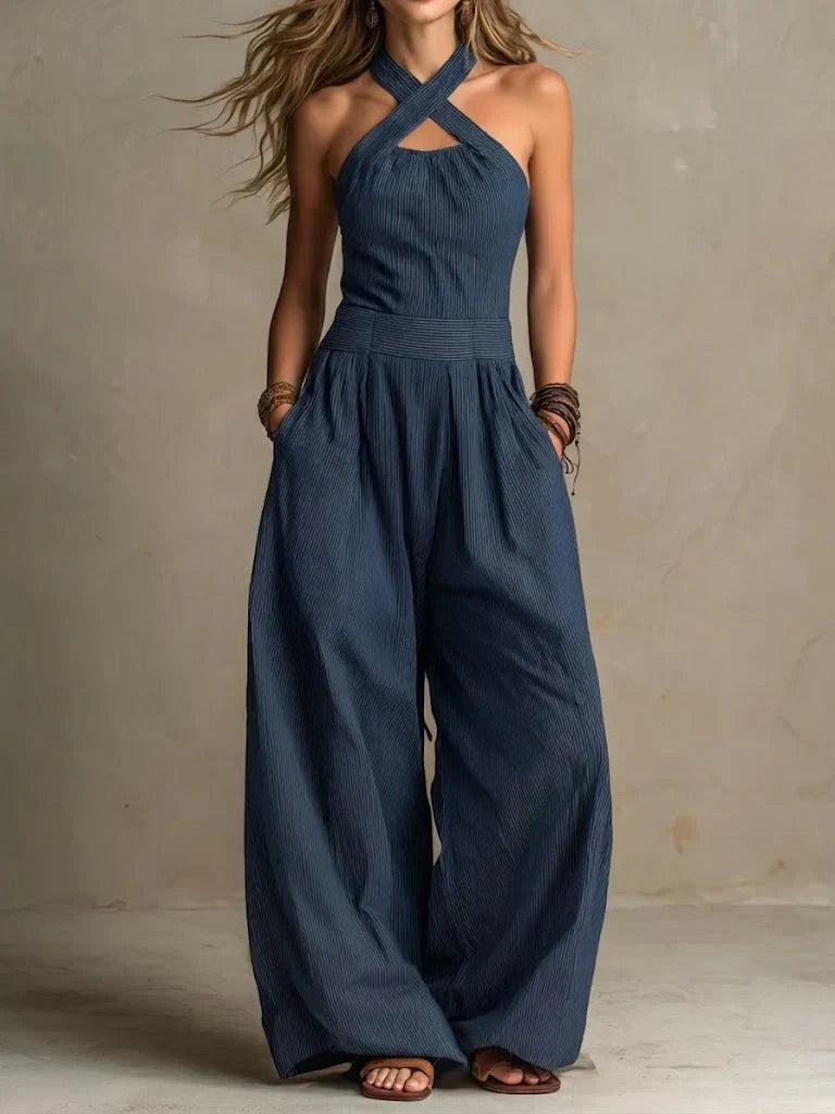 Womens Cotton-Linen Jumpsuit - Wide Leg Cross Bodice