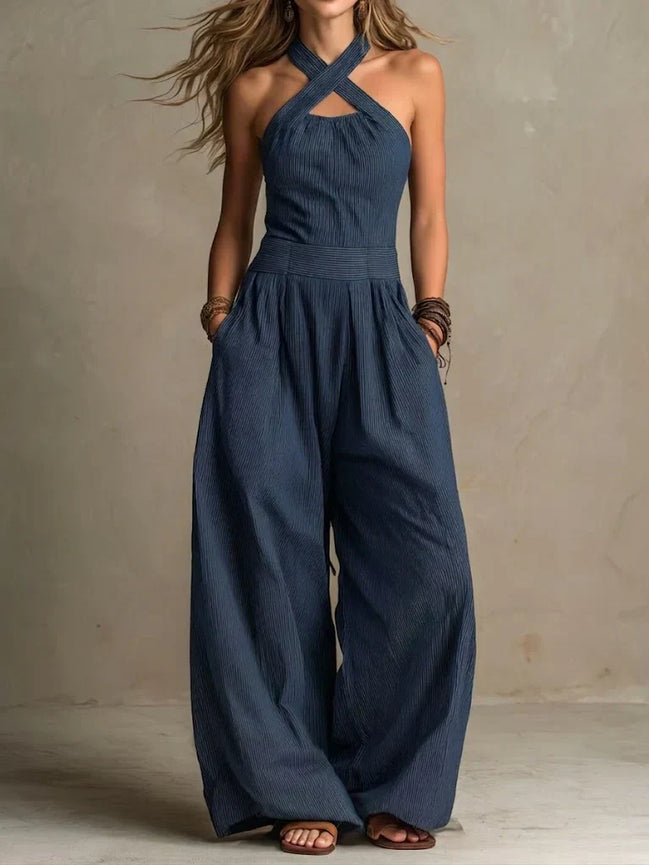 Womens Cotton-Linen Jumpsuit - Wide Leg Cross Bodice