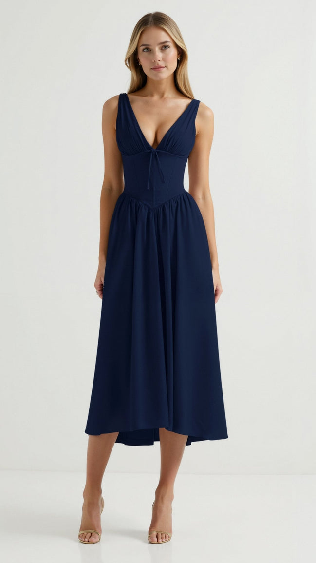 Womens Plunge Midi Dress – Elegant Twist Front Occasion Style