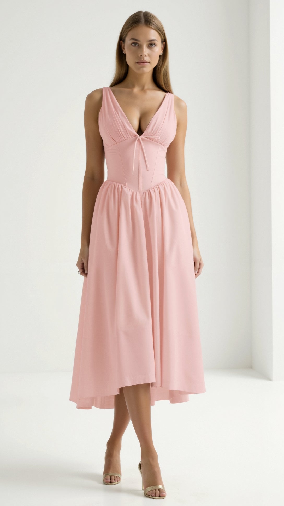 Womens Plunge Midi Dress – Elegant Twist Front Occasion Style