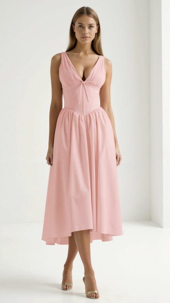 Womens Plunge Midi Dress – Elegant Twist Front Occasion Style