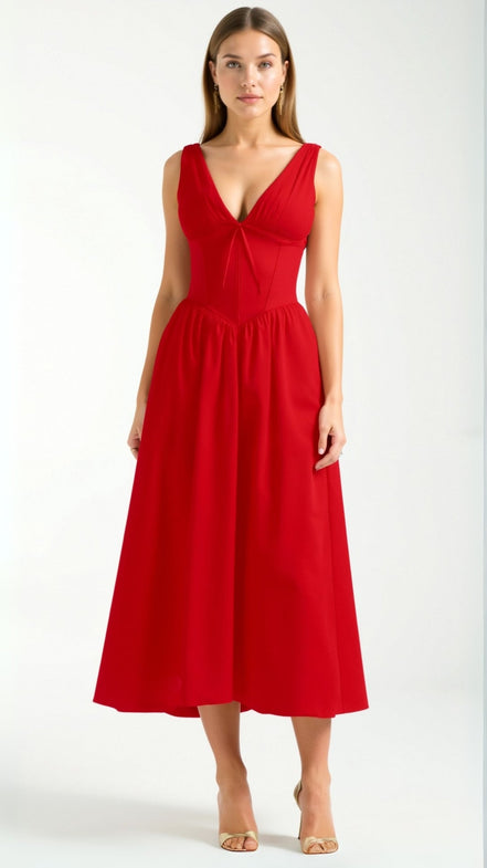 Womens Plunge Midi Dress – Elegant Twist Front Occasion Style