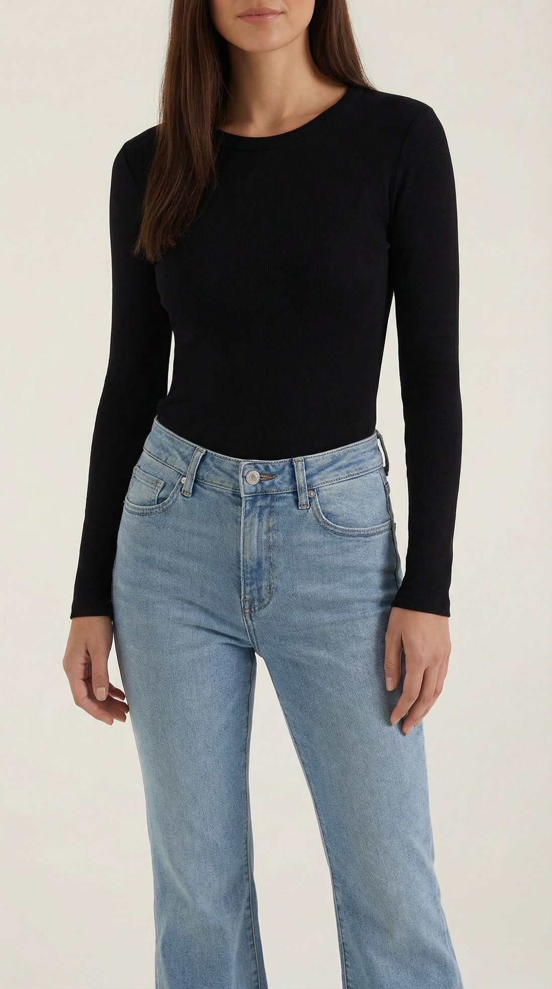 Womens Ribbed Long Sleeve Top – Fitted Crew Neck Essential