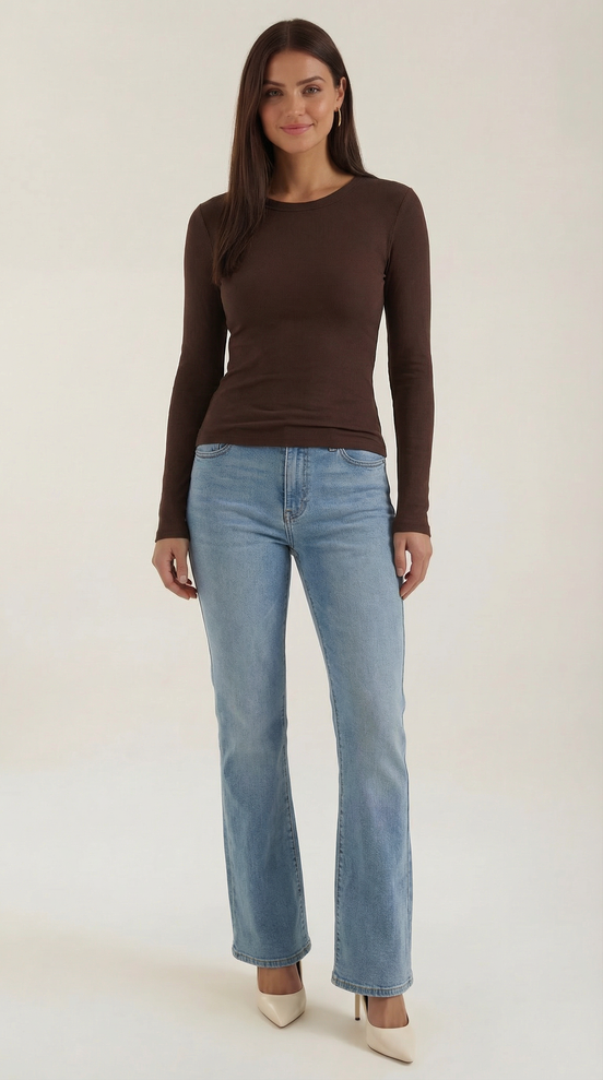 Womens Ribbed Long Sleeve Top – Fitted Crew Neck Essential