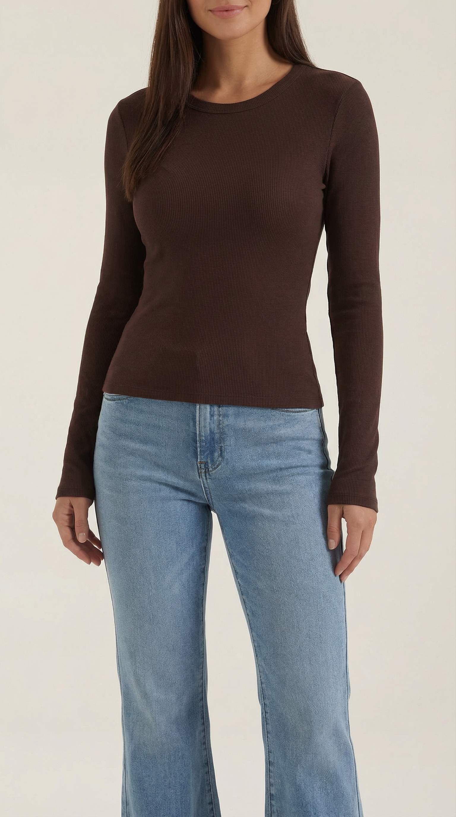 Womens Ribbed Long Sleeve Top – Fitted Crew Neck Essential